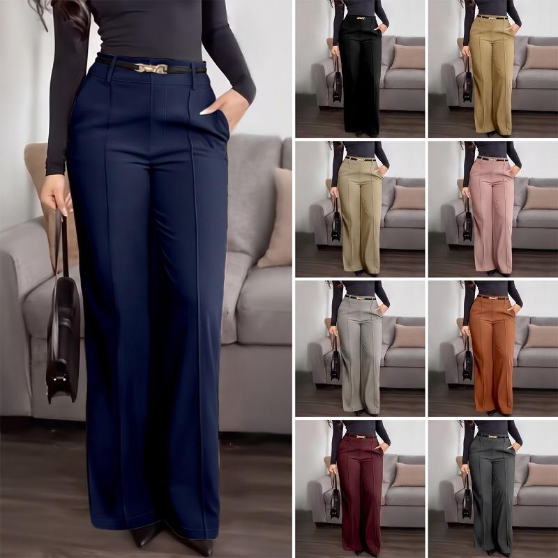 Pantaloni Lunghi da Donna a Gamba Dritta, Colore Unito, Tasche con Zip, per Lavoro e Pendolarismo