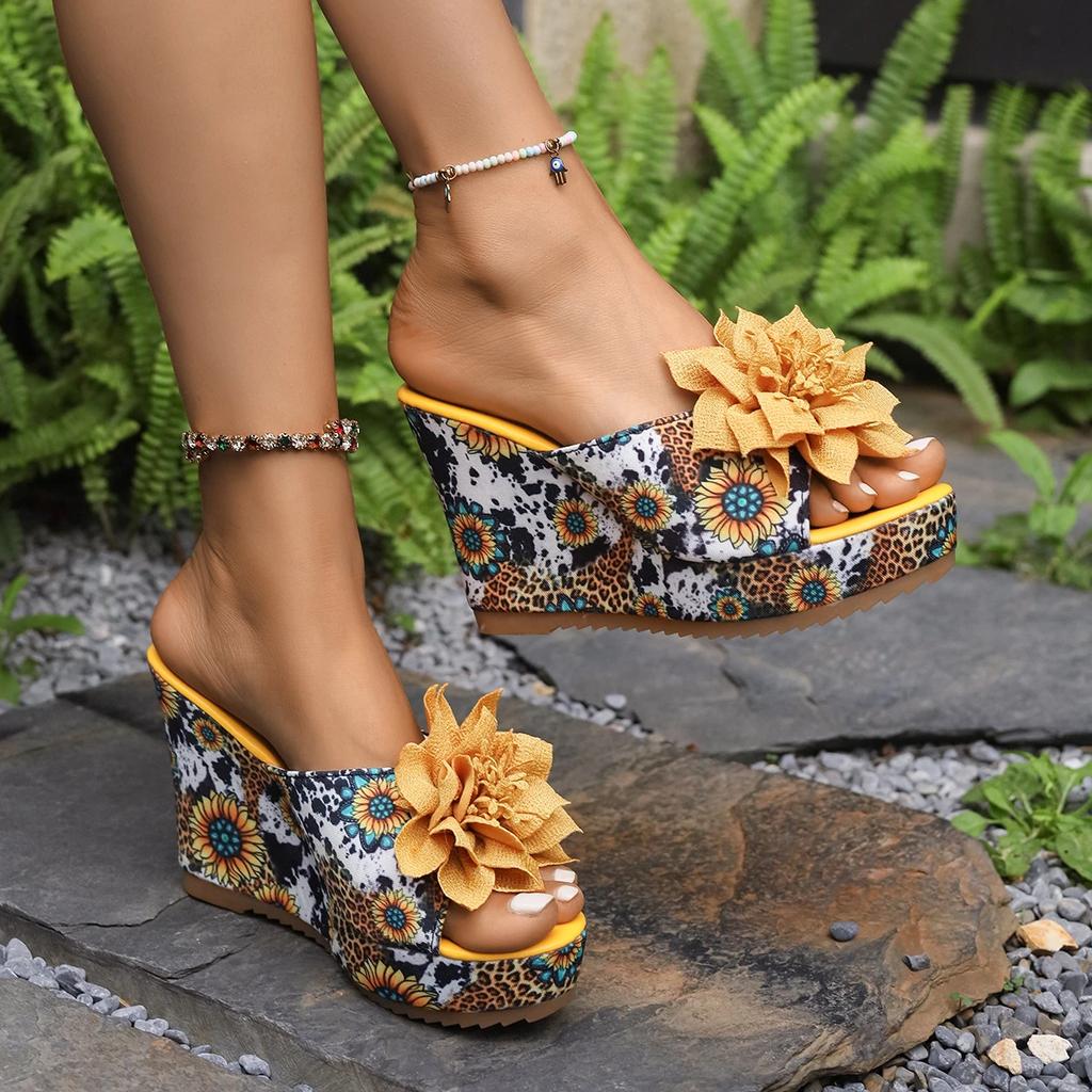 Fashion Women's Large Size Slippers Wedge Heel Flower 10.5cm Heel High Shoes Women Leisure Dress Roman Office Lady Zapatillas De Mujer