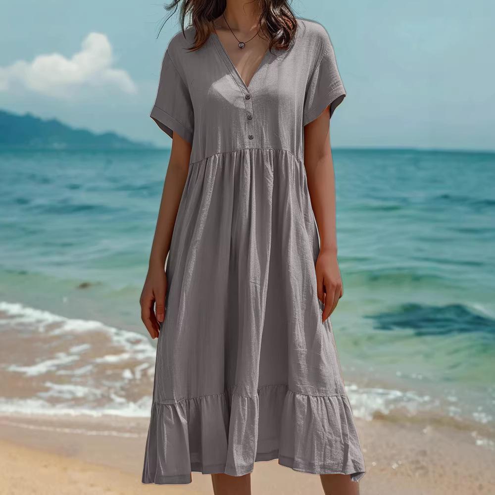 2026 Spring/Summer European & American Women's Solid Color Pleated Short Sleeve Dress