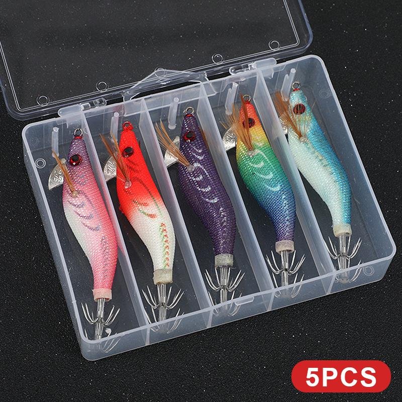 1/5Pcs Fishing Lures Wrapped Prawn Lure Octopus Shrimp Wood Baits Squid Jig Fishing Hooks For Saltwater Freshwater Fishing