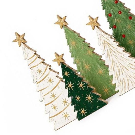 Layered Wooden Tree Ornament Sets 6Pcs Christmas Tabletop Decor Set, Rustic Star Topped Window Display Accents Mini Figurines, Farmhouse Xmas