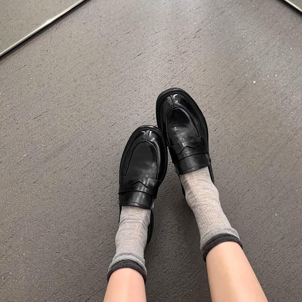 Cowhide Version~ Grape Mother Same Leather Round Head Lazy One Pedal Thick-soled British Style Versatile Loafer Leather Shoes Women