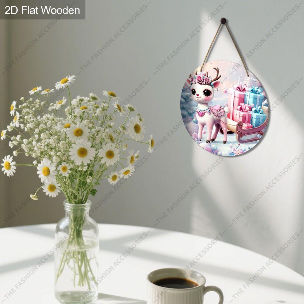 Cute Pink Christmas Reindeer Round Wooden Hanging Sign, 2D Flat Printed Christmas Door Wall Ornament, Winter Xmas Home Decor Gift