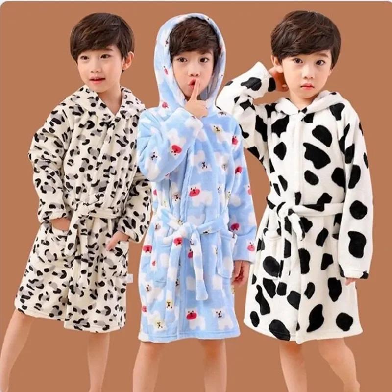 Baby Flannel Robe Bathrobes Kids Cartoon Sleepwear Hooded Baby Robes Boys Girls Pajamas Thickening