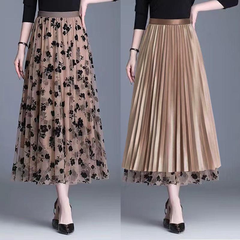 Qooth Fustă Florală Tulle Fustă Vintage Imprimată Fuste Plisate Bandă Elastică Fustă A-Linie QT2584