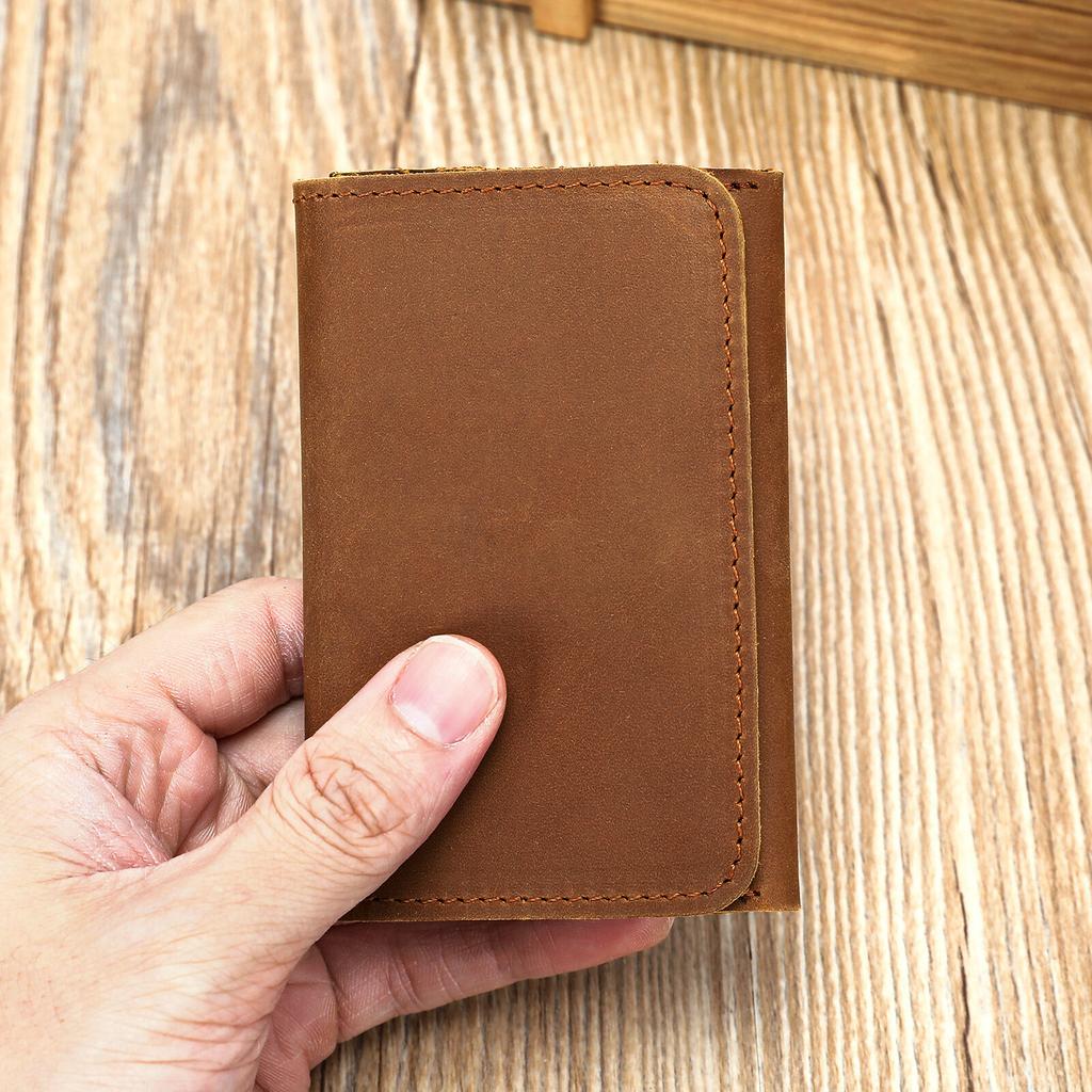 Vintage Crazy Horse Top Grain Leather Credit Card Holder Wallet Mens Slim ID VIP Cards Bags Small Change Coins Purses