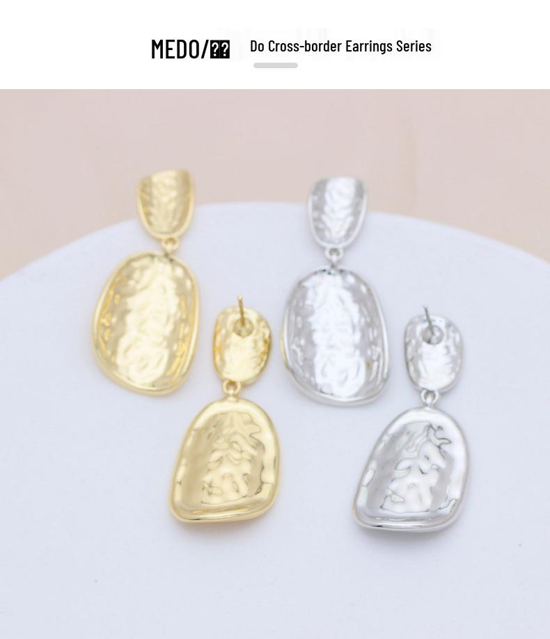 S925 Silver Needle Gold-Plated Geometric Hammered Oval Stud Earrings - European & American Style