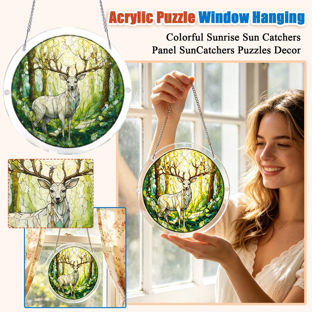 Acrylic Sun Catcher Window Hanging Decoration with Deer Design 2D Round Shape Hanging Ornament for Indoor Outdoor Use