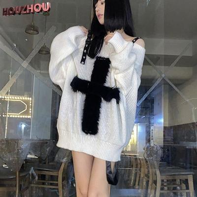 Harajuku Örgü Büyük Boy Kazak Kadın Beyaz Baskılı Hiphop Sokak Şıklığı Punk Gevşek Kazak Rahat Kadın Y2k Kulübü Tarzı Tops