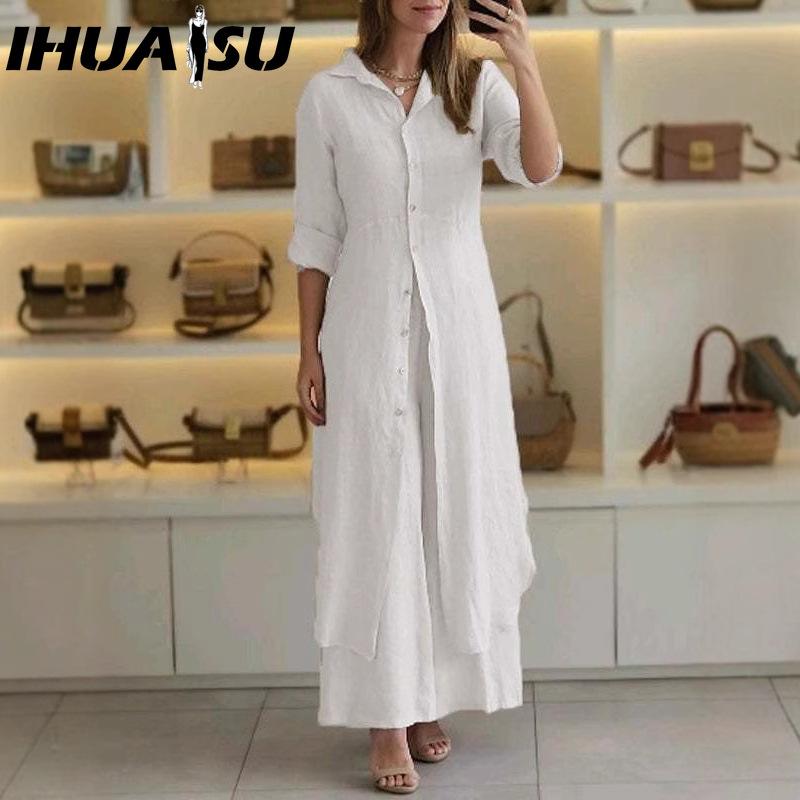 

IHUASU Женский летний, весенний и осенний элегантный костюм из хлопка и льна с приталенным силуэтом, длинными рукавами и широкими брюками XXXXL белый