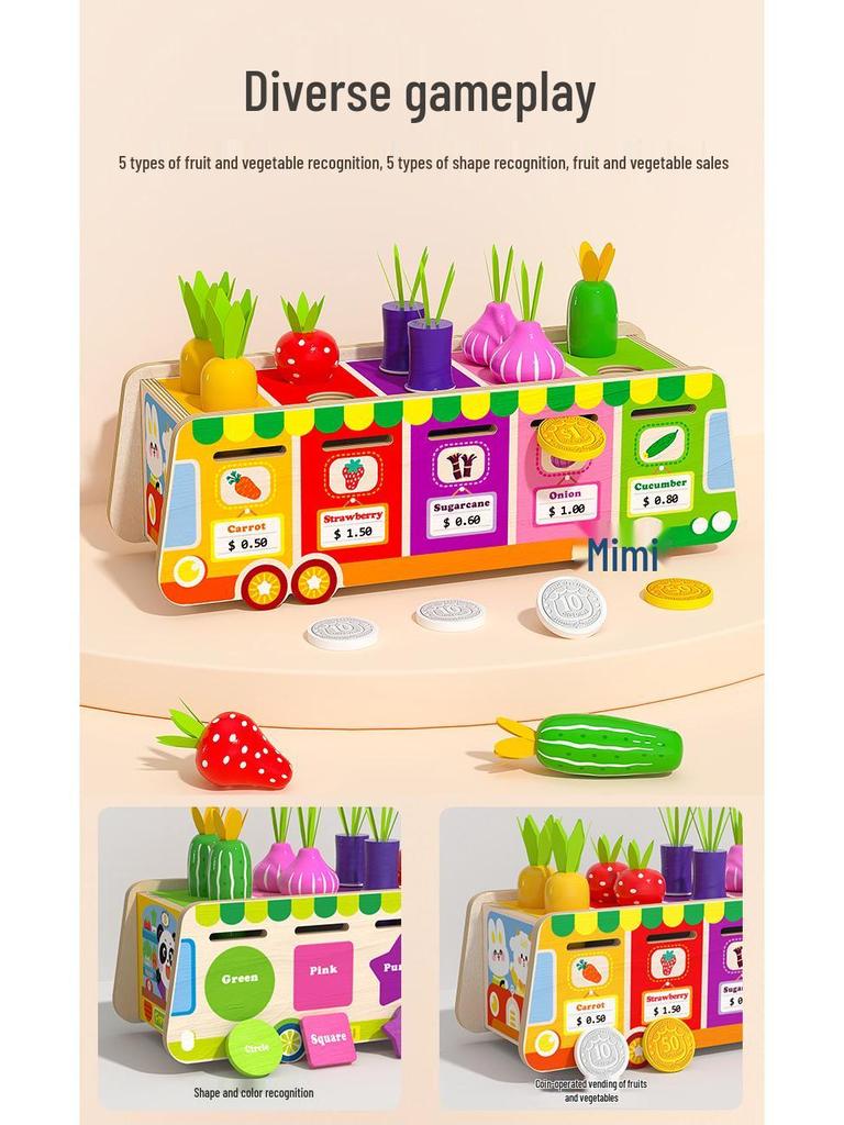 Kids' Educational Fruit & Veggie Vending Cart: Multifunctional Shape & Color Matching Toy with Pull-Along Radishes for Early Learning