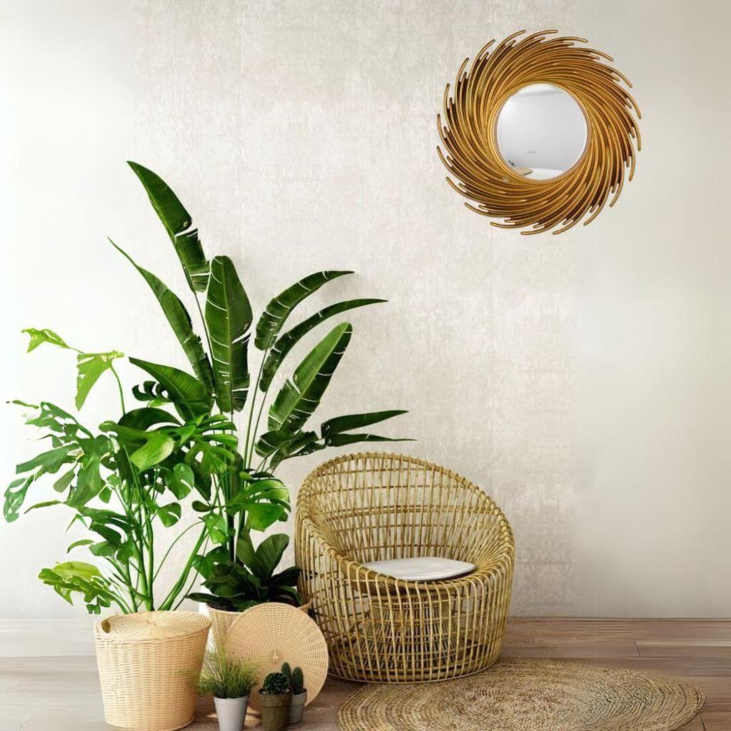1 Pcs Round Spiral Shape Fiber Wall Mirror with Acrylic Golden Aesthetic Frame with Hook for Hanging