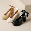 Lolita Mary Jane Shoes Women 8.5 Cm Heeled Pearl Bow Ankle Strap Shoes Shallow Comfort Thick High Heel Shoe Pumps Chaussure