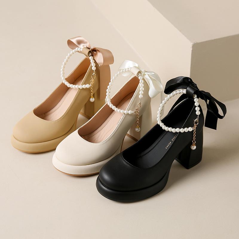 Lolita Mary Jane Schuhe Damen 8,5 cm Absatz Perlen Schleife Knöchelriemen Schuhe Flach Komfort Dick Hoher Absatz Schuh Pumps Chaussure