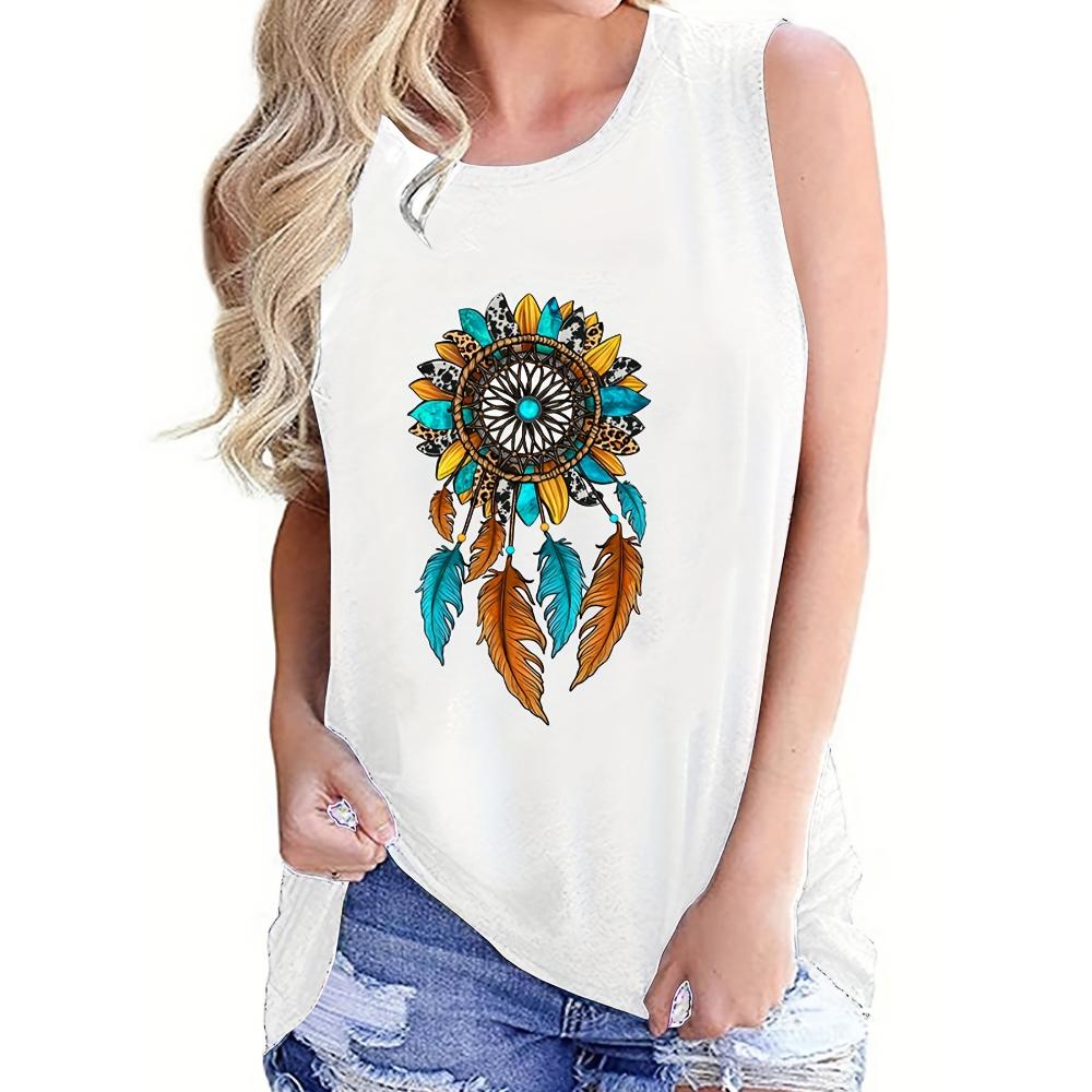 PLUS SIZE Printed Summer Women's Loose and Personalized Dream Catcher Mesh Printed Vest Top T-shirt Comfortable Sleeveless