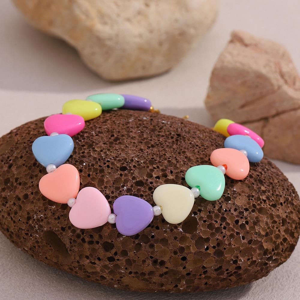Multicolour Acrylic Heart Beads Necklace Bracelet Set Women Candy Color Love Heart Beads Stainless Steel Chain Handmade Jewelry