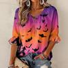 Women's Halloween Print Round Neck Tie Front Ruffle Blouse Three-Quarter Sleeves