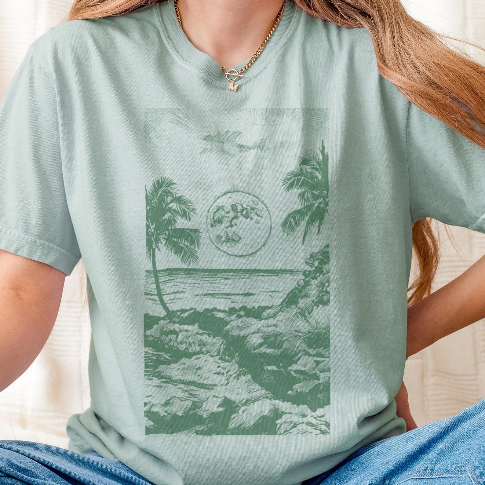 Hawaiian Beach Night Moon T-Shirt, Unisex Celestial Beach Graphic Tee Ocean Palm Tree Comfort Colors Retro 140