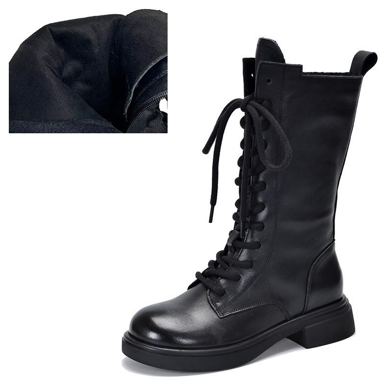 

Johnature Сапоги до середины икры из натуральной кожи, Сапоги из плюшевого хлопка, Сапоги в британском стиле на шнуровке, Женские сапоги 40 чёрный