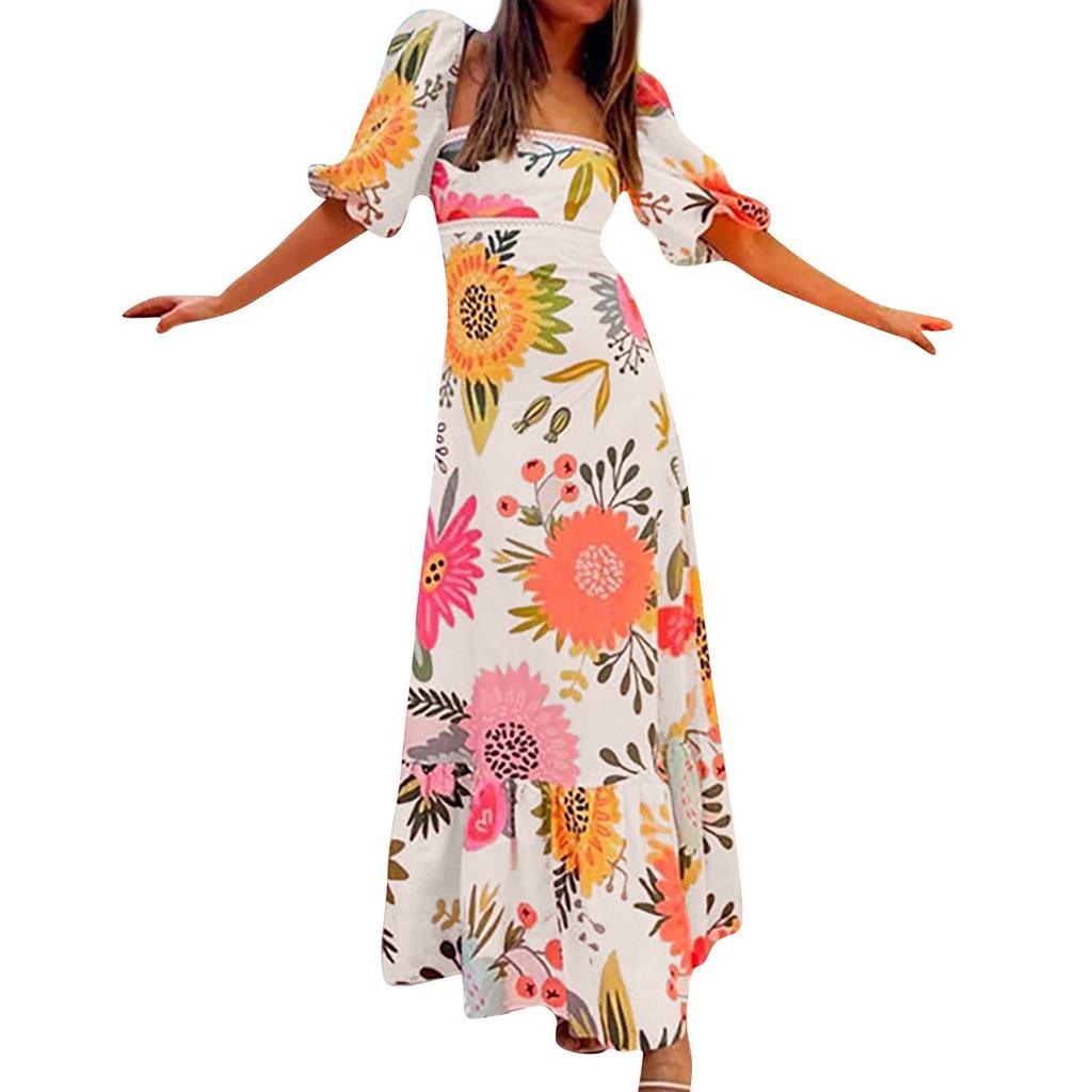 New Sexy Women's Suspender Positioning Printed Sleeveless Strappy Dress With Large Hem