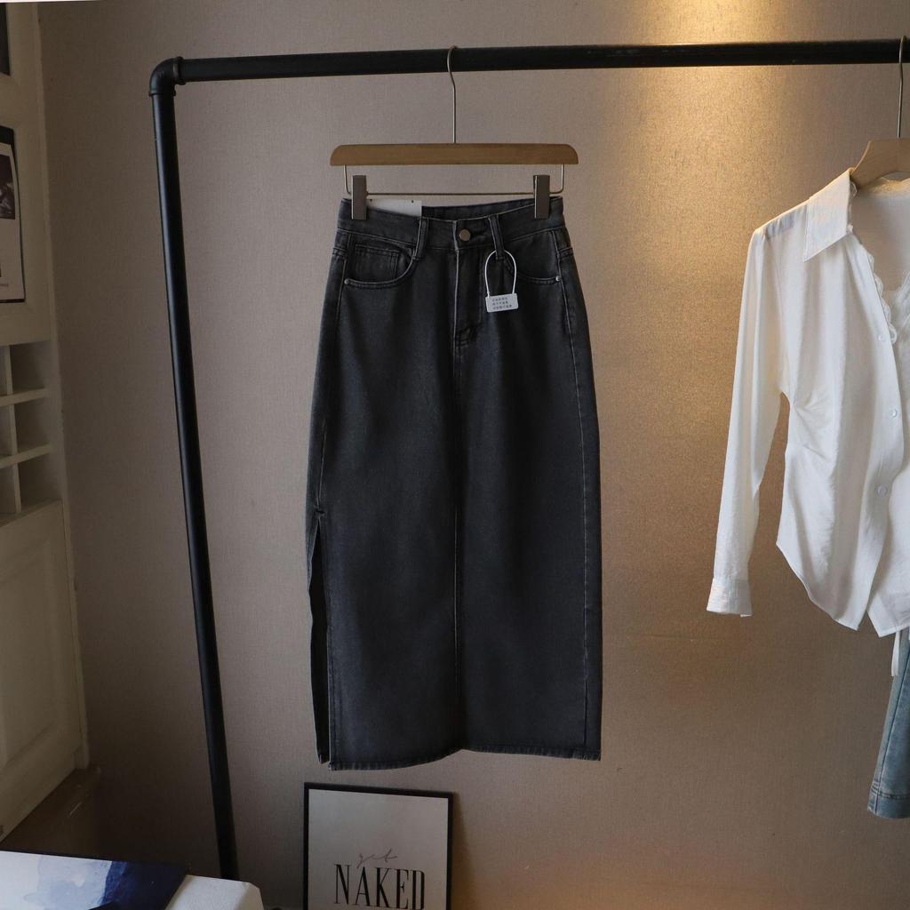 Denim Pencil Maxi Skirt with Side Slit - 2025 Spring/Summer Korean Style