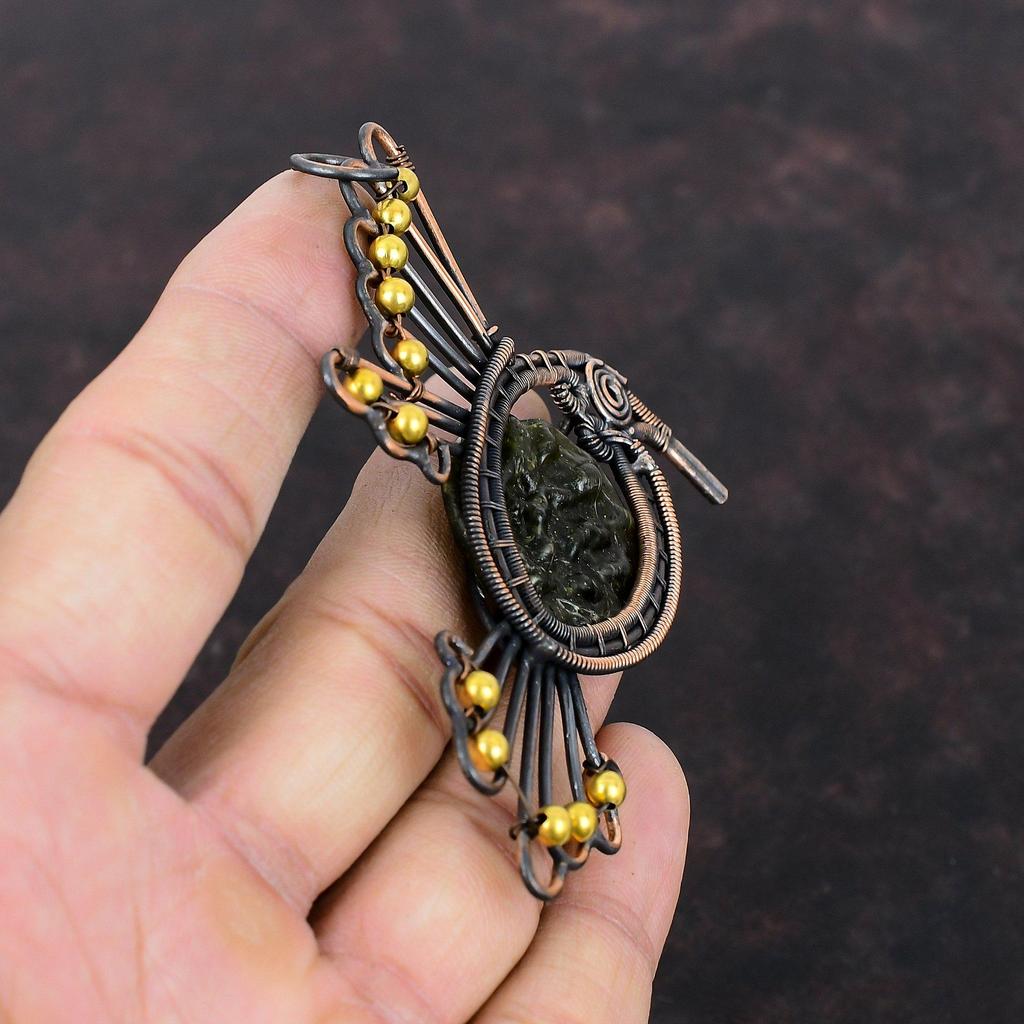 Moldavite Pendant Copper Wire Wrapped Gemstone Jewelry Unique Pendant Wire Wrap Jewelry Handmade Bird Pendant Copper Jewelry Gift For Mother