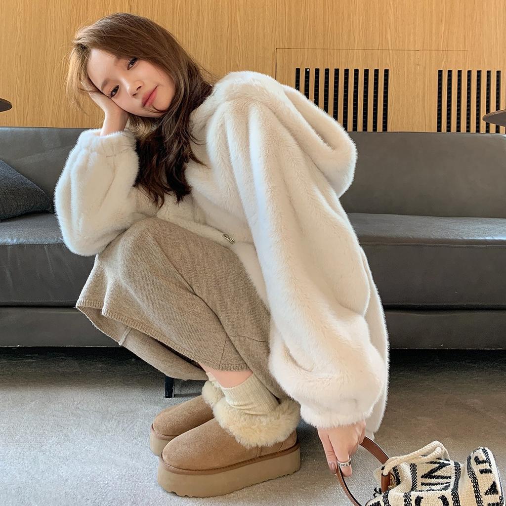 XD1 Leather Velvet Sheepskin Fur Integrated Thick-bottomed Low-top Snow Boots Women's Fluffy Boots