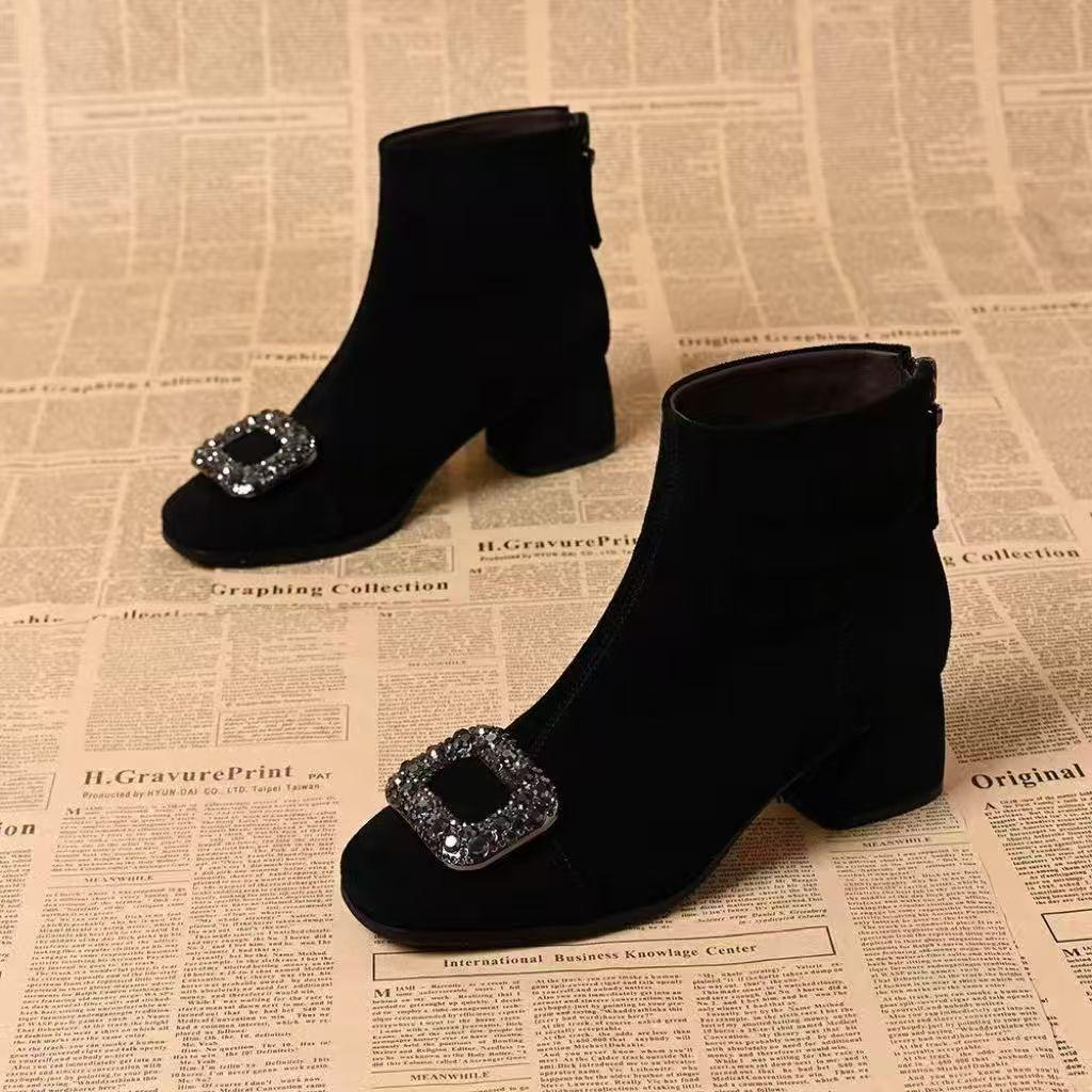 Coarse Heel Short Boots Women's New Autumn and Winter Elastic Thin Boots French Square Heel High Heels Small Ankle Boots Martin Boots