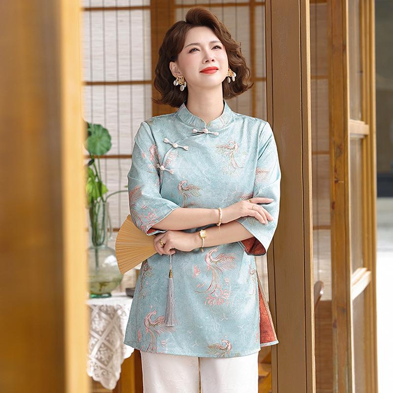 Elegant Imitation Silk Frog Button Top: New 2026 Chinese Style, Short-Sleeved for Middle-Aged & Elderly Women