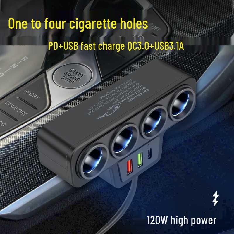 Multifunctional 4-Port Car Charger with QC3.0, USB, and PD Fast Charging (12V/24V Universal)