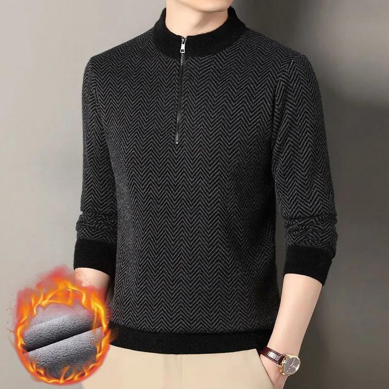 New Autumn Winter Men's Velvet Sweater Ferret Knitted Middle-aged Elderly Thickened Zipper Warm Men's Clothing