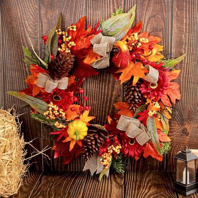 Yousheng Artificial Fall Wreath 18 Inch Autumn Front Door Wreath with Sunflower Pumpkin Berries Pine Cones for Outdoor Indoor Wall Window Thanksgiving