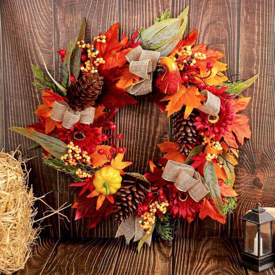 Artificial Fall Wreath 18 Inch Autumn Front Door Wreath with Sunflower Pumpkin Berries Pine Cones for Outdoor Indoor Wall