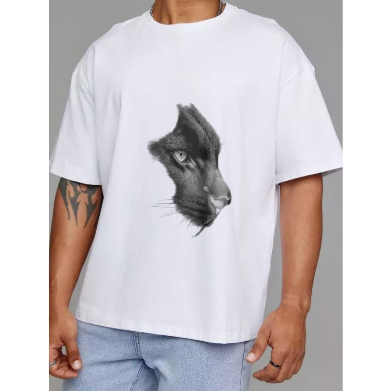 Cotton T Shirt White Panther Animal Print Casual Wear for Men