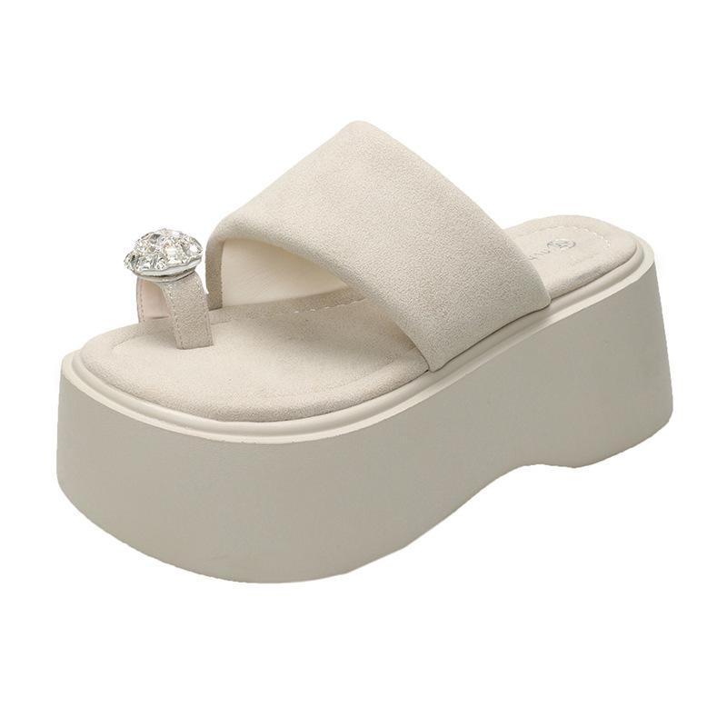 

2025 new summer rhinestone cover toe cool slippers women wear fashionable thick-soled high-heeled lightweight one-word slippers 39 бежевый
