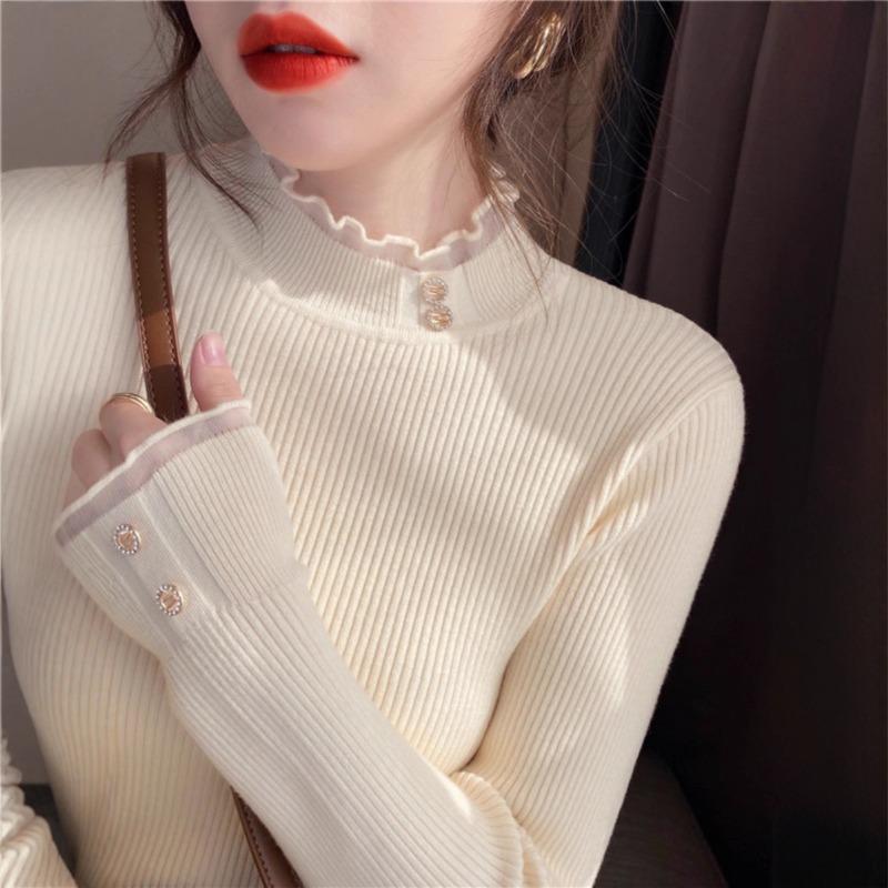 White Knitted Bottoming Shirt Women's Spring Autumn and Winter Fashion Inner Lace Semi-turtleneck Sweater Versatile Slim Top