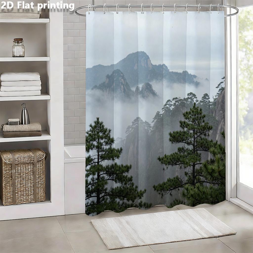 Misty Mountain Shower Curtain 1Pc Polyester 2D Flat Print 70.8X70.8" Pine Trees Clouds Background Grommet Top