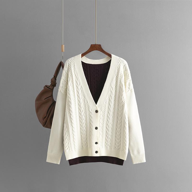 Autumn Winter Vintage Loose Long Sleeve Top Block Color Cardigan Pullover Knitwear Twists V-neck Sweater