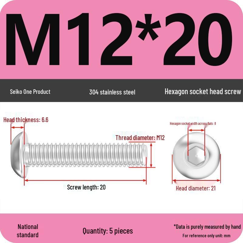 304 Stainless Steel Pan, Half, and Round Head Hexagon Screws (M2-M12)