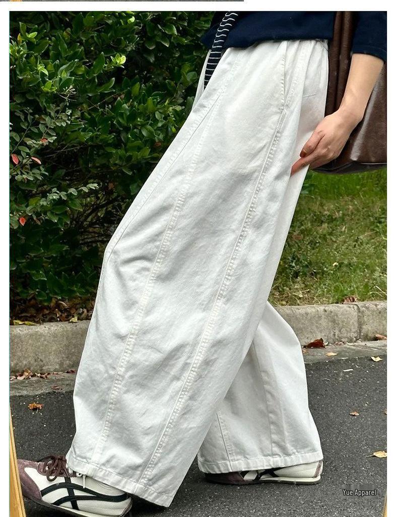 Women's Japanese-Style White Casual Wide-Leg Pants, Plus Size, Loose Drapey Nine-Tenth Balloon Design for Chubby Girls - 2026 Collection