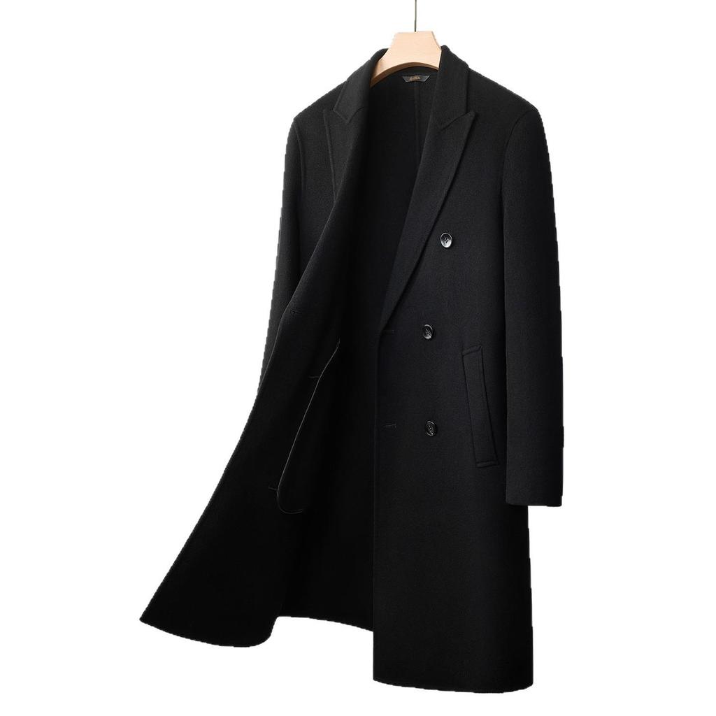 Men's 100% Wool Double-Faced Double-Breasted Lapel Collar Business Casual Long Coat