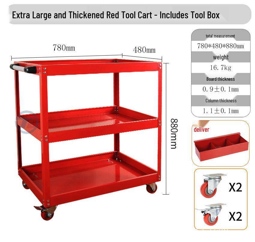 Three-Layer Tool Cart with Wheels & Pegboard - Universal Casters for Auto Repair