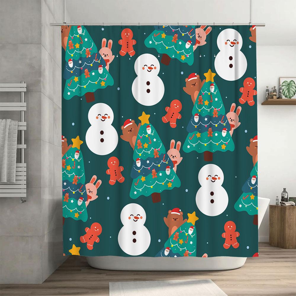 Xmas Shower Curtain Waterproof Fabric Christmas Tree Cartoon Santa Claus Snowman Bunny Rabbit Cute Print Bathroom Decor