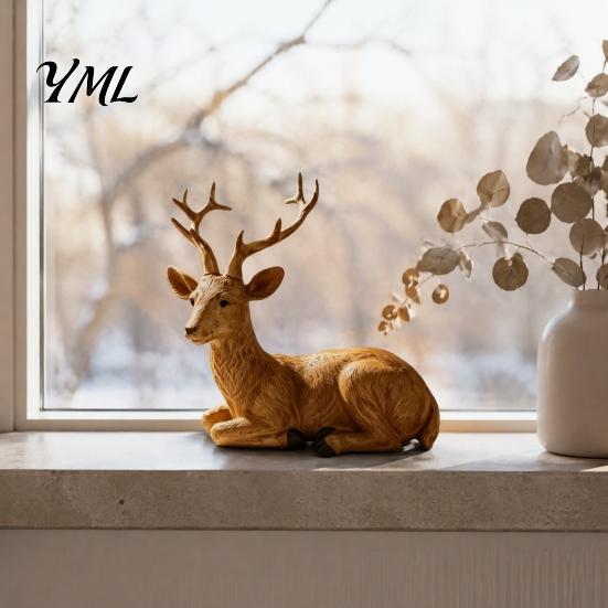 Wood Grain Craft Accents Reindeer Resin Figurine, Faux Christmas Deer Statue, Decorative Statues Vintage Tabletop Ornament for Home Window Display