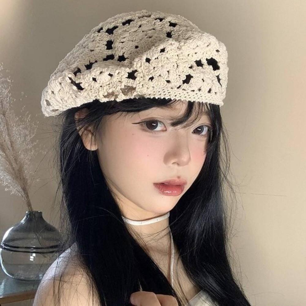 Japanese Style Flower Hat Thin Crochet Knitted Cap Vintage Hollowed Out Beret  Gift