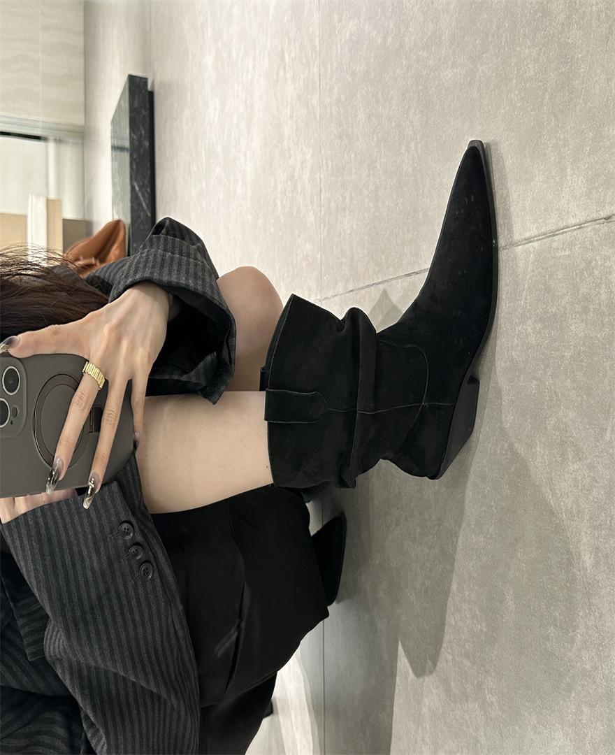 

осень-зима 2025 новая замшевая обувь с острым носком, на толстом каблуке, средней высоты, короткие сапоги, сапоги средней длины, сапоги на высоком каблуке, сапоги с наборным каблуком, ковбойские сапоги в западном стиле 39 чёрный