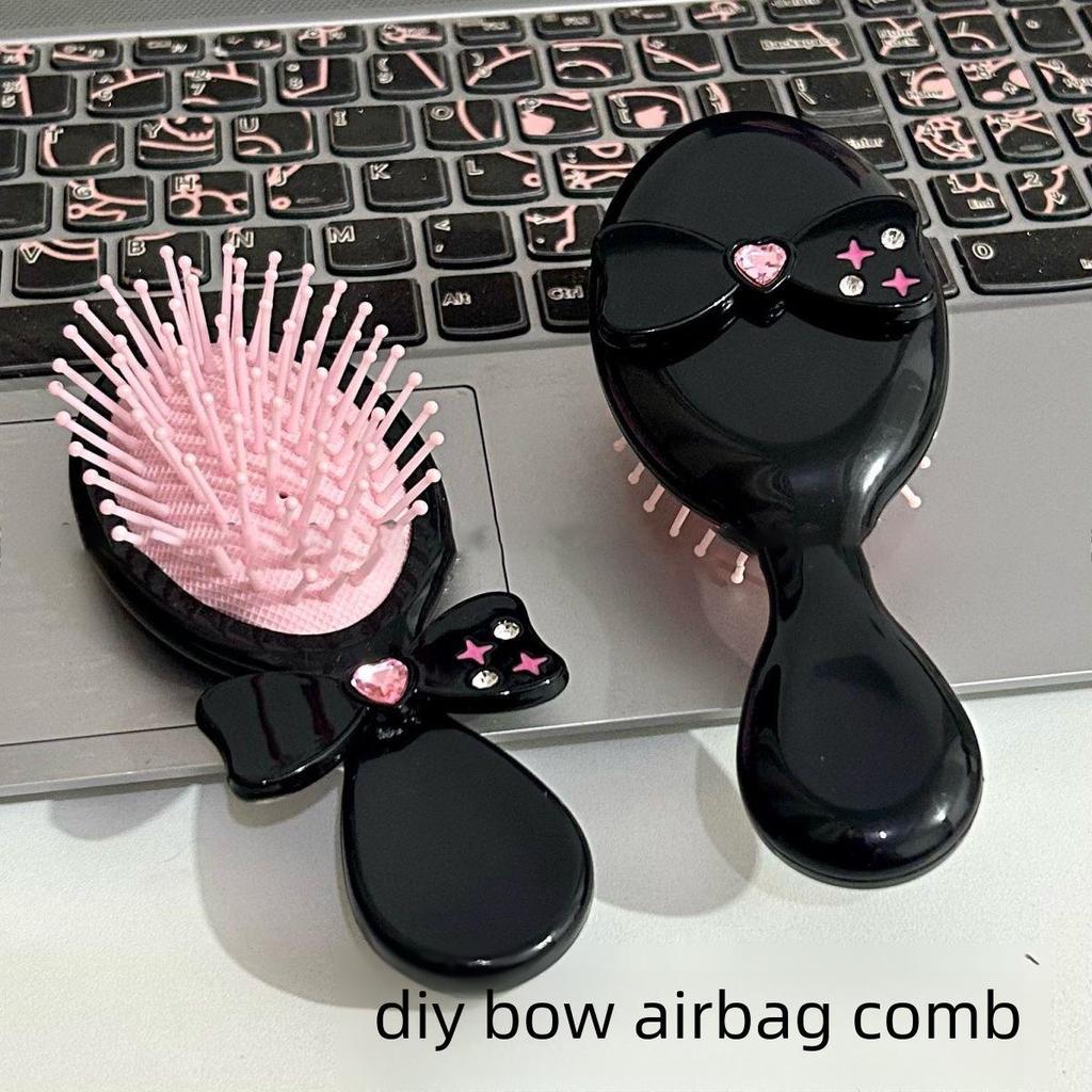 Pink & Black Y2K Bow Airbag Massage Comb – Cute, Portable DIY Hairbrush