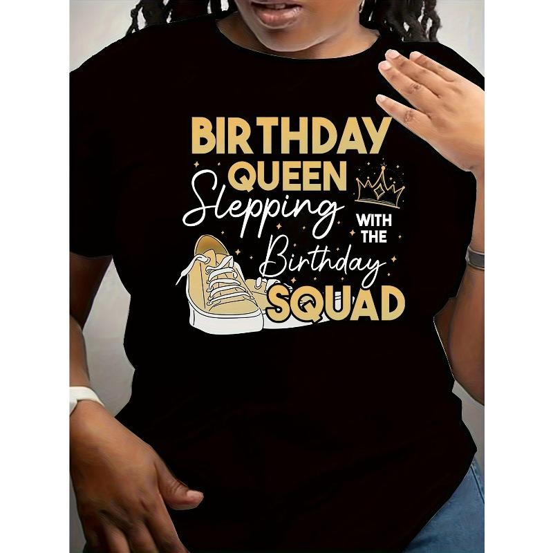 Birthday Queen & Slogan Print T-Shirt - Slim Fit Short Sleeve Party Top with Golden/White Birthday Outfit For