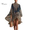 Bohemian Dress Boho Floral Print High Neck Irregular Chiffon Mini for Women, Retro Style Long Sleeve Flowy Party Cocktail Dress, Summer Beach Vacation