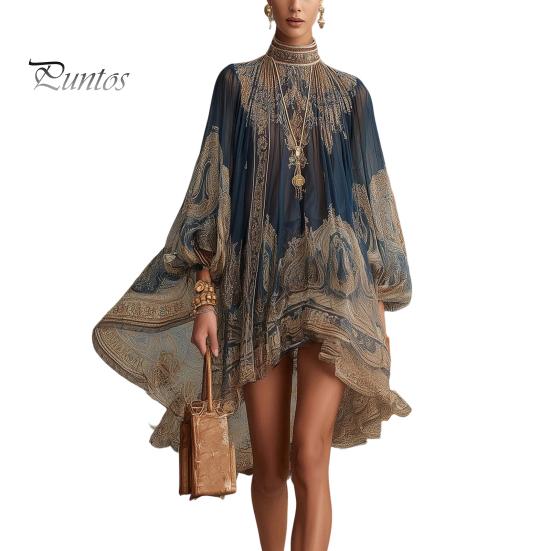 Bohemian Kleid Boho Blumenprint Hoher Hals Unregelmäßig Chiffon Mini für Damen, Retro Stil Langarm Fließend Party Cocktailkleid, Sommer Strandurlaub XS navy blau
